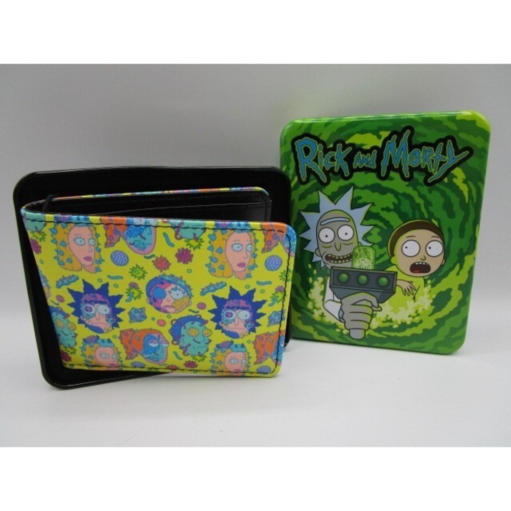 Rick & Morty All Over Faces Wallet Metal Tin Box Buckle Down Bi-Fold Leather